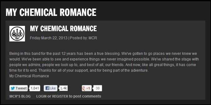 Blog post from the My Chemical Romance website